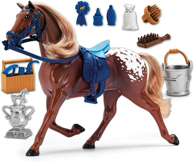 The Sunny Days Entertainment Appaloosa Horse with Moveable Head, Realistic Sound and 14 Grooming Accessories - Blue Ribbon Champions Deluxe Toy Horses