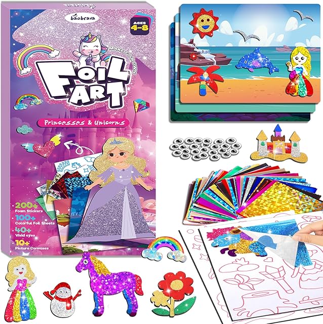The Baobrava Foil Art Fun Kit for Kids - DIY Toy Unicorn Princess Foil Art Craft Activity for Kids, Foam Stickers Fun Craft Kits & Supplies, Creative Christmas Birthday Gifts Travel Toys for 4 and Up
