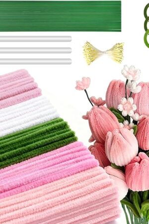 The Saccik 500-Pcs Pipe Cleaners Craft: Pink Chenille Stems Flower Making Kit - Pastel Fuzzy Limpia Pipas para Manualidades - 5 Colors with Accessories
