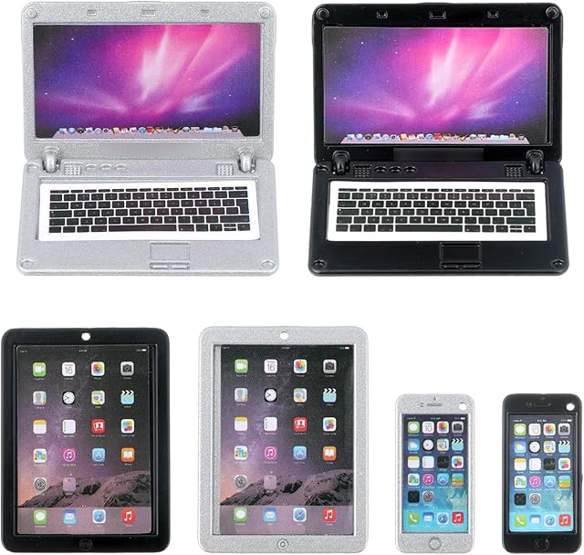 The 6PCS Dollhouse Accessories, 1:12 Scale Simulation Miniature Laptop Computer Tablet Simulation Accessories, Miniature Dollhouse Accessory, Simulation Play Set for Miniatures Doll (Silver, Black)