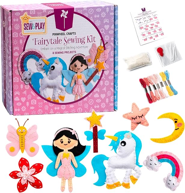 The Pinwheel Crafts Beginner Sewing Kit for Kids Ages 5 6 7 8-12+ - Make Your Own Fairytale Characters Kids Sewing Kit - Play & Learn to Sew Craft Box, Girls & Boys Birthday Gifts