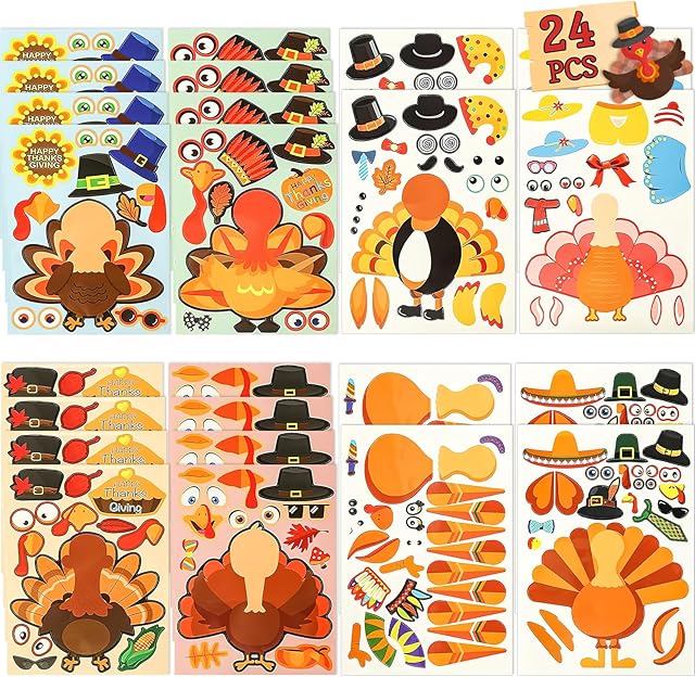 The LOVESTOWN 24 PCS DIY Turkey Stickers, Make-A-Turkey Craft for Kids Thanksgiving Games Supplies, Fall Theme Party Window Decor