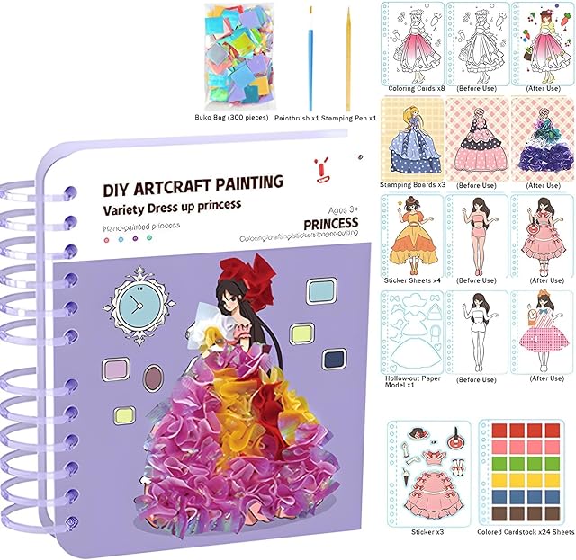 The 8-in-1 Magic Princess Craft Set, Poke Art Kids Fashion Design Kit, Princess Dress Poke Art Craft Kits for Girls, DIY Craft Kits with Stickers, Foil Crafts Art Fun & Gem Painting (Purple)
