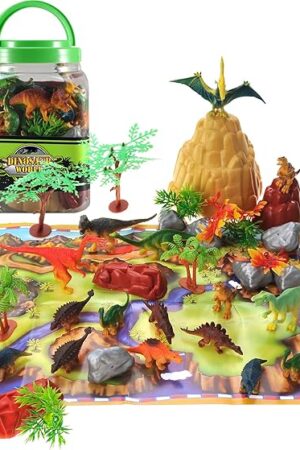 The PowerTRC Jurassic Dinosaur Figures Playset with Trees, Rocks, Playmat & Container, Create a Realistic Prehistoric Dino Park, Dinosaur Toys for Kids 3-5, Gift for Boys and Girls 3 4 5 6 7