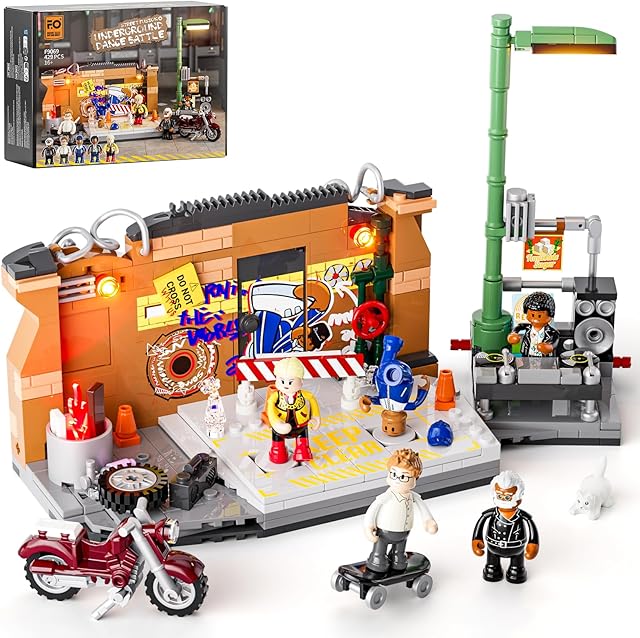 The FUNWHOLE Underground Dance Battle Lighting Building Bricks Set - Street Fusion City Town Compatible with Music Club F9068 LED Light Multi-Form Modular Collection Kit 429 Pcs for Street Culture Lovers