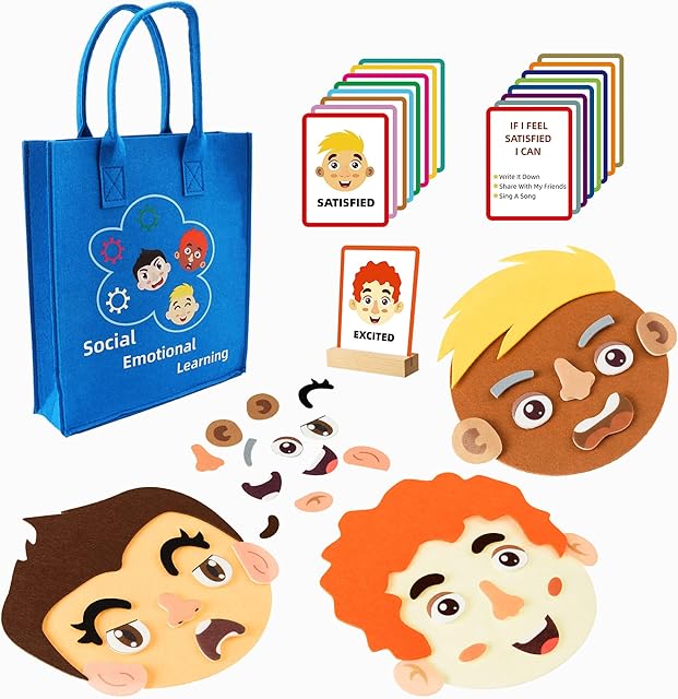 The Social Emotional Learning Activities,Preschool Social Emotional Toys for Kids, 16Pcs Emotion Feelings Cards and 3 Set Faces, Learning Faces Toys for Preschool Learning Activities