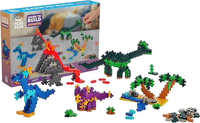 The Plus-Plus: Learn to Build - Dinosaurs - 400 Piece Set - 2D & 3D Dino Construction Building STEM Toy, Interlocking Mini Puzzle Blocks, Kids Ages 5+