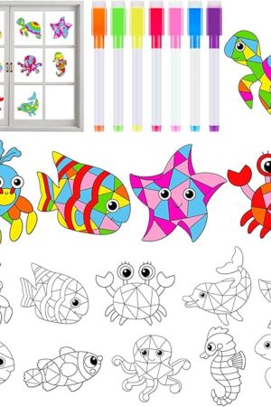 The Qyeahkj 30Pcs Ocean Animals Arts Crafts for Kids Summer Window Suncatchers Craft Kit DIY Under The Sea Coloring Craft Window Cling Sticker with Markers Sea Theme Party Gift for Home Classroom Decor