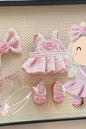 The Premium Pink Tweed Dress 5-Piece Set for 7-inch Doll – Pink Parisienne Luxury Outfit with Accessories | Stylish Clothes for Figurine, Mini Fashion Dollwear | NO Doll
