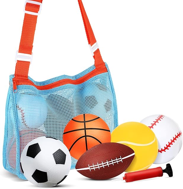 The 5 Pieces Ball Mini Inflatable Sport Balls Include Soccer Ball, Basketball, Baseball, Football and Tennis Ball with Pump and Mesh Bag for Toddlers Indoor Outdoor Playground Garden Beach Pool Toys