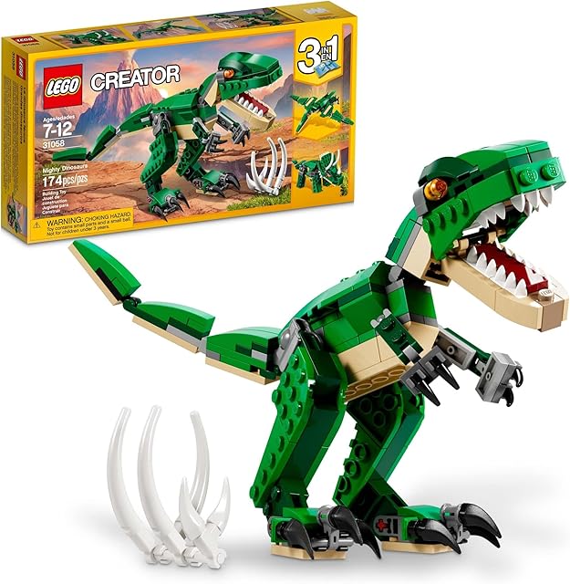 The LEGO Creator 3 in 1 Mighty Dinosaur Toy, Transforms from T. rex to Triceratops to Pterodactyl Dinosaur Figures, Great Gift for 7-12 Year Old Boys & Girls, 31058