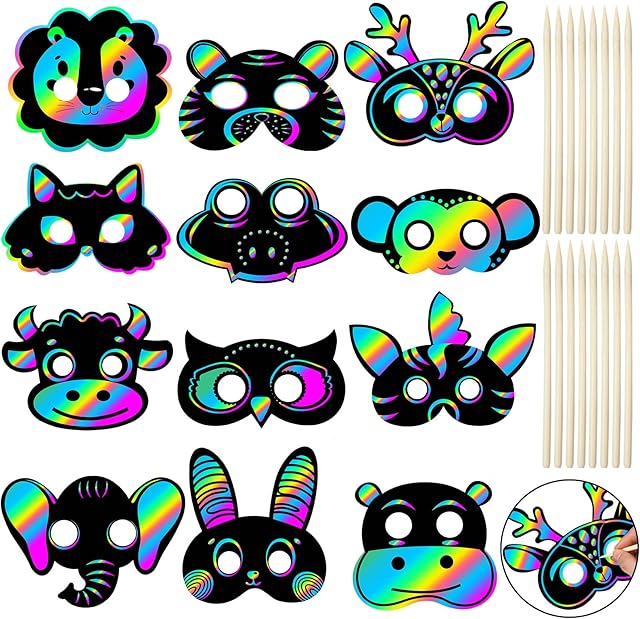 The Realspring 60 Pcs Themed Scratch Paper Mask for Craft Paper Mask DIY Craft Kit for Dress up Party Favor DIY Supplies