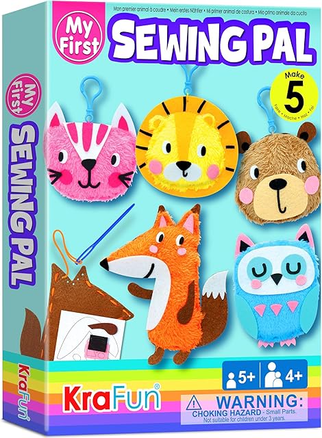 The KRAFUN My First Sewing Animal for Kids, Beginner Art & Craft, 5 Easy Activities Stuffed Animal Dolls, Keyring Charms, Instructions & Felt Materials for Learn to Sew, Embroidery
