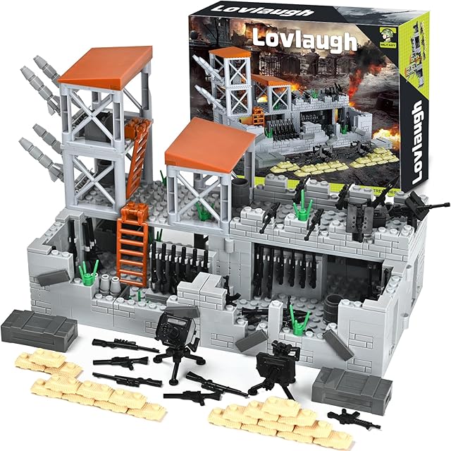 The WW2 Military Base Building Brick Set - 467PCS Defense Base with Guard Tower, Rotating Machine Gun, Light Weapons, Sandbags & Weapon Storage Room for Army Minifigures, Toy for Kids & Adults