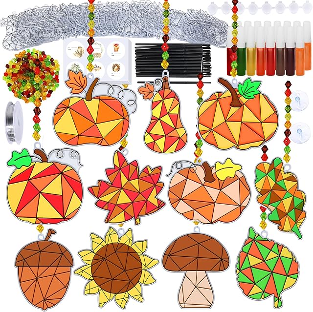 The Winlyn 33 Sets Fall Leaf Pumpkin Acorn Sunflower Suncatchers Ornaments Decorations DIY Window Paint Art Suncatchers Craft Kits Autumn Sun Catchers for Kids Classroom Activity Thanksgiving Art Project