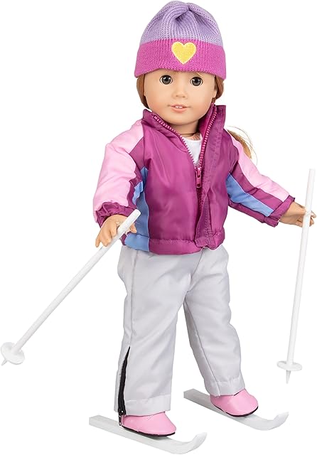 The Skiing Winter 10pc Doll Outfit- 18" Doll Clothes & Accessories Compatible w American Girl Dolls-Includes Jacket, Hat, Skis, Poles, Snow Pants, Boots-Gifts for Girls, Kids, Birthdays, & Doll Collectors