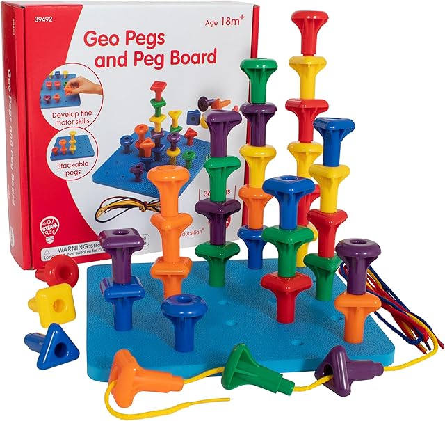 The edxeducation Geo Pegs and Peg Board Set - 36 Pegs in 3 Shapes and 6 Colors + 3 Laces - Ages 18m+ - Homeschool Supplies for Preschool Activities