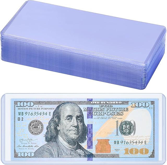 The 25 Pack Dollar Bill Sleeves, Transparent Currency PVC Holders, Top-Insert Bill Display Protectors for Regular Bills Cash Money Banknotes and Stamps, 6.8 x 2.9 Inches