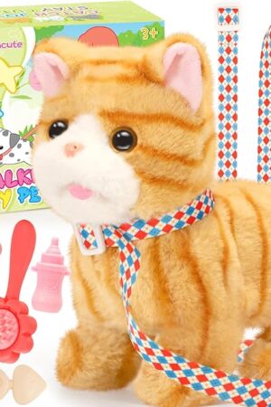 The Plush Toys Cat for Kids with Leash, Interactive Electronic Kitty That Walking,Meowing, and Tail Wagging, Stuffed Cat Christmas Birthday Gift for Boys and Girls