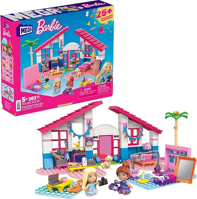 The MEGA Construx Barbie Kids Building Toy Set, Malibu House with 303 Pieces, 2 Micro-Dolls, Furniture and Accessories, Ages 5+ Years