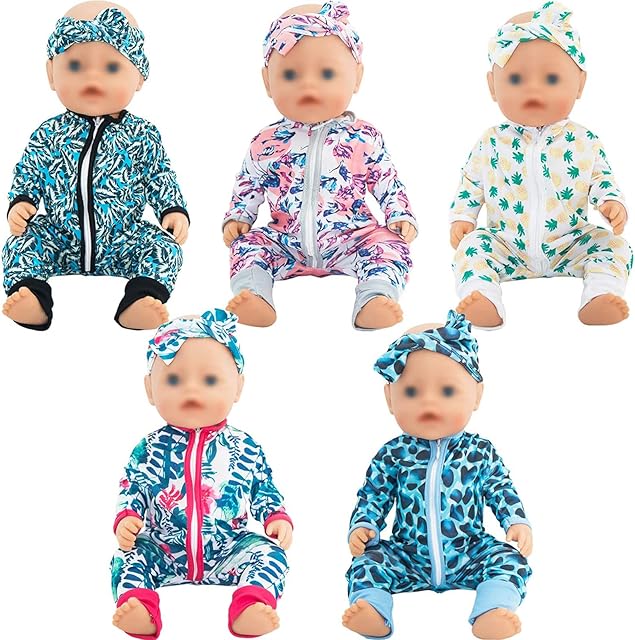 The SOTOGO 5 Sets Doll Clothes Outfits Jumpsuits with 5 Headbands for 14 to 17 Inch New Born Baby Doll, 15 Inch Baby Doll and American 18 Inch Doll Clothes and Accessories