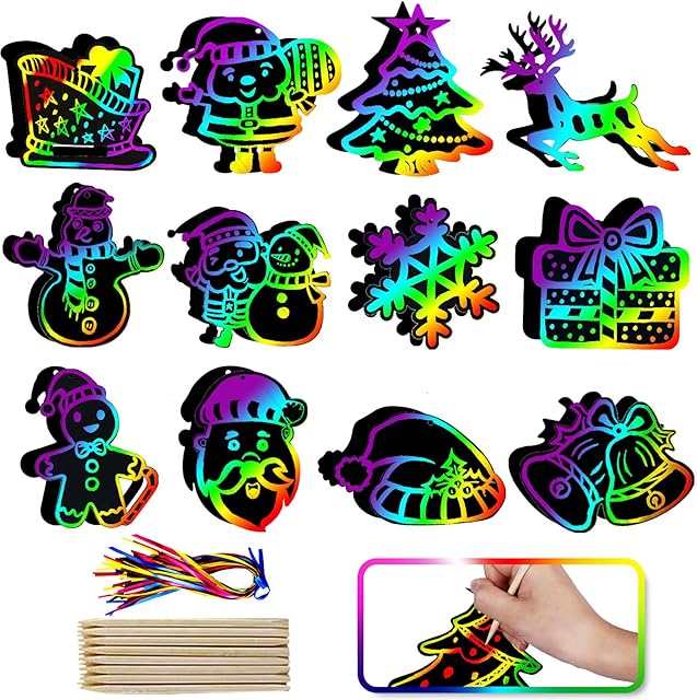 The Max Fun Christmas Crafts Scratch Art for Kids, 96PCS Ornaments Rainbow Magic Color Scratch Off Cards Paper Hanging Art Craft Supplies Educational Toys Kit for Kid Party Favor