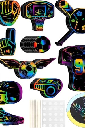 The Qilery 70 Pcs Sports Scratch Off Papers Crafts Sets with Wooden Stylus and Ribbons Sports Ball Rainbow Paper Scratch Pad for Kids, DIY Arts and Crafts Supplies for Football Party Project Decoration