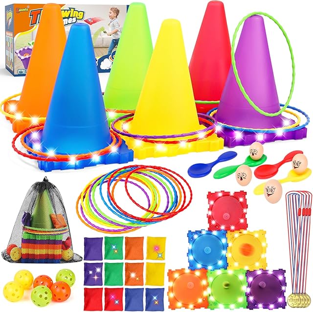 The Eocolz 49PCS Carnival Games Outdoor Combo Set for Kids with LED Light, Plastic Cones Obstacle Course Bean Bags Balls Ring Toss Game Egg and Spoon Race Lawn Game, Gift for Birthday Party/Xmas/Easter