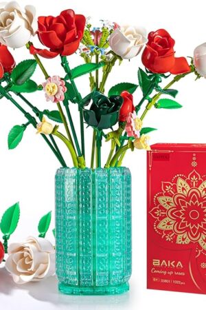 The Rose Building Block with Vase(1022PCS)，Flower Bouquet Building Set as Gift for Christmas,Mothers Day, Birthday and Valentines Day, Buildable Floral Display for Home Office Decoration