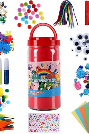 The Qukou Arts and Crafts Supplies Kit for Kids- 550+ DIY Art Kit with Glitter Glue, Gem Stickers, Pompoms & Tools in Storage Jar Portable Travel Crafts for Ages 4+ Birthday, Christmas (Art Deco)