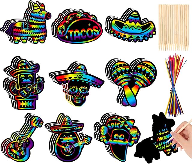 The HOWAF 36 Pcs Mexican Fiesta Scratch Cards Gift, Rainbow Cinco De Mayo Crafts Art Cinco De Mayo Party Scratch Paper Decorations Hanging Ornaments DIY Magic Colorful Art Craft Kits