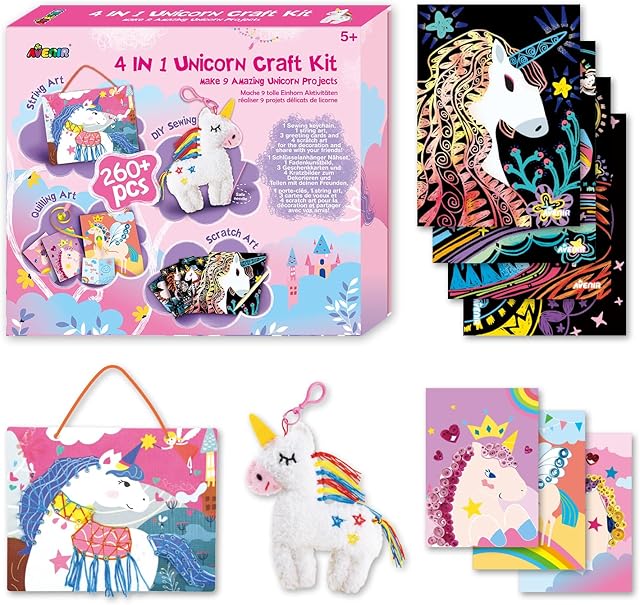 The Avenir Unicorn Sewing Kit Scratch Paper Art for Ages 5+ Kids Craft Activity Kit, Make 9 Amazing Unicorn Projects for Girls and Boys Gift