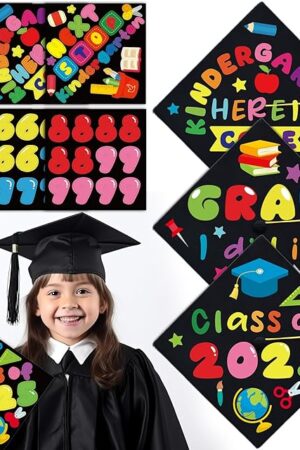 The Qyeahkj 26 Pcs Graduation Hat DIY Stickers for Pre-K Kids Grad Caps Topper Decoration Colorful Self-Adhesive Sticker Art Crafts for Summer Kindergarten Preschool 2025 Graduation Party Supplies Favor