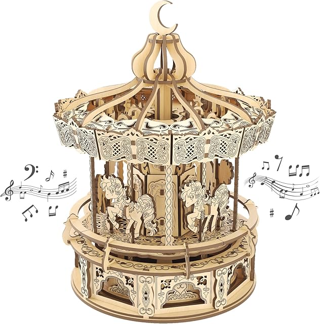 The 3D Wooden Puzzles for Adults - DIY Wooden Music Box, Merry-go-Round Model Kit - 274 Pieces Wooden Jigsaw - Brain Teaser - Birthday Gift for Boys and Girls/Adults