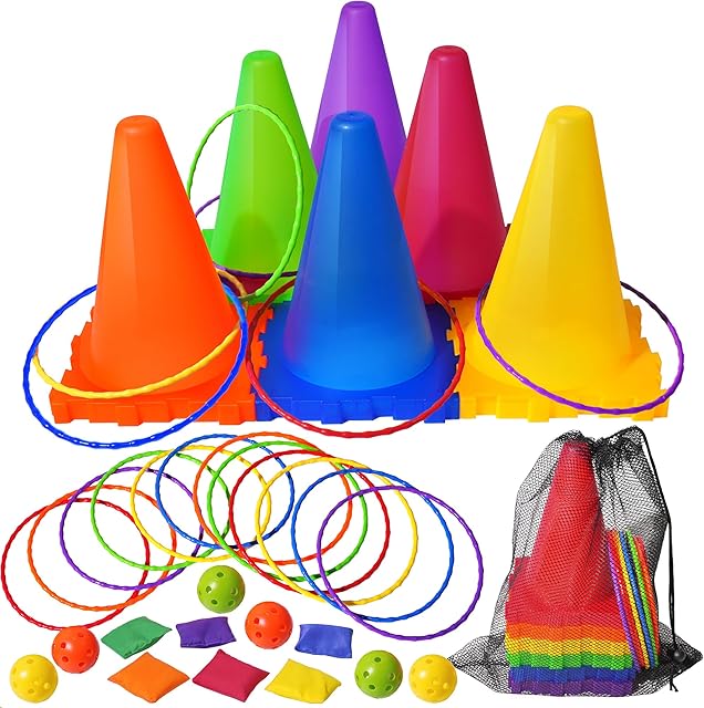 The 3 in 1 Bean Bags for Tossing, Throwing Ball Game, Cones Ring Toss - Outdoor Toys for Toddlers, Obstacle Course Game, Carnival Games, Backyard Games for Kids, Gift Kids Age 3 4 5 6 7