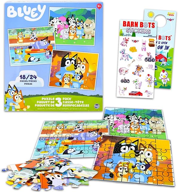 The Bluey Puzzle Activity Set for Kids - Bundle with 3 Pack of 18, 24 and 24 Piece Jigsaw Puzzles, Stickers and More | Bluey Indoor Activities for Girls, Boys