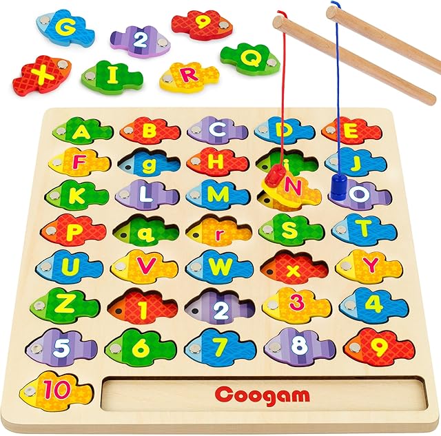 The Coogam Magnetic Alphabet Numbers Fishing Game, Wooden ABC Letter Numbers Color Matching Puzzle Fine Motor Montessori Educational Toy for Preschool 3 4 5 Year Old Toddlers