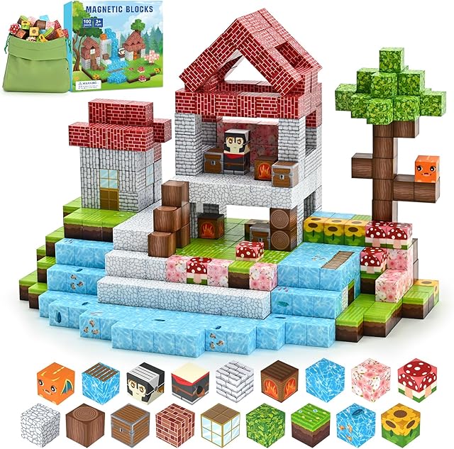 The PINKCAT 100 PCS Magnetic Blocks Building Blocks Set, Grassland Natural World Magnetic Building Cubes for Toddler Boys Girls, Holiday Easter Birthday Present Construction Stacking Building Toys