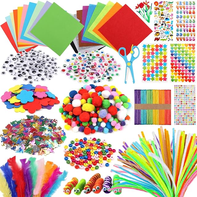 The DOITEM Pipe Cleaners Craft Supplies, 1500+Pcs Arts and Crafts Supplies Including Pipe Cleaner Wiggle Googly Eyes Pom Poms Feathers Sticks Sequins Foam Flowers Papers Felt Stickers
