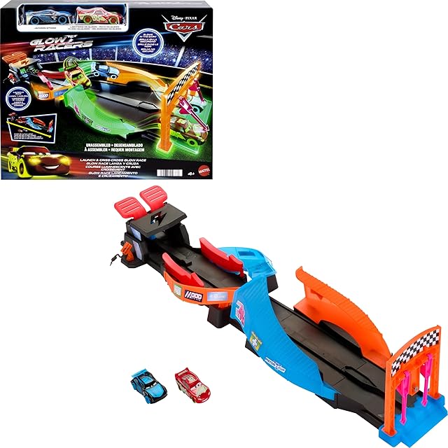 The Mattel Disney and Pixar Cars Glow Racers Track Set, Launch & Criss-Cross Playset with 2 Toy Race Cars, 2 Modes, Glow-in-the-Dark