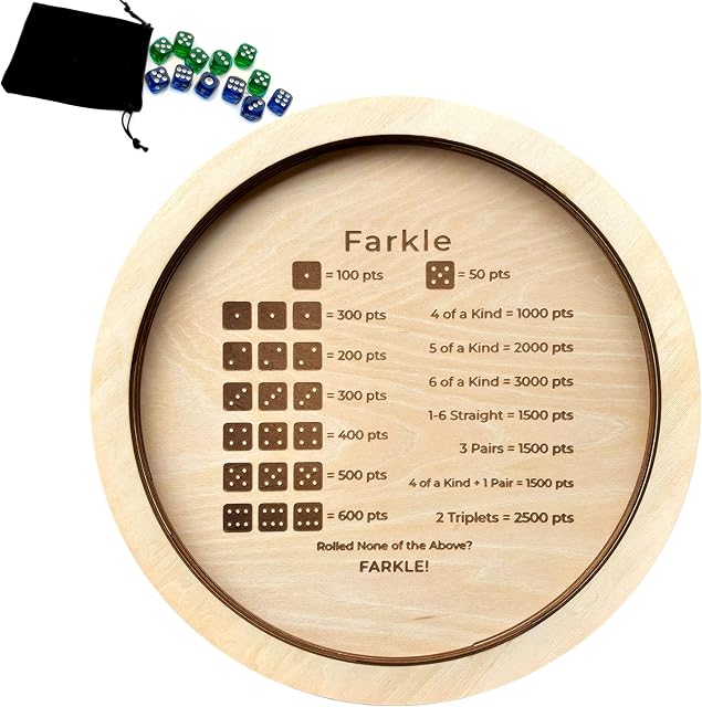 The Farkle Dice Tray, Farkle Classic Dice Game with Tray and 2 Sets of 6 Pearl Dice, 12" Wooden Dice Tray for The Classic Family Game