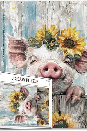 The Pig Jigsaw Puzzle Sunflowers 1000 Piece Jigsaw Puzzles for Adults,Vintage Style Farm Animal Puzzles Game Perfect for Game Nights-DIY Home Wall Decor-Art Puzzles 27 x 20 Inches