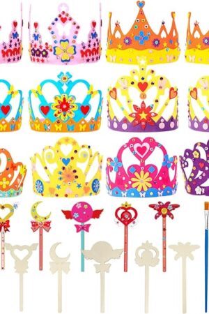 The RGISHOP 24 Pack Princess Fairy Wands and Crowns Kit Unfinished Wooden Princess Wands Felt Crown Tiara Headbands Make Your Own Magical Wand Crafts for Kids Classroom Activities