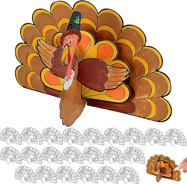 The Cholemy 24 Sets Fall Craft Color Your Own Turkeys Blank Puzzle Coloring Fall Themed Craft DIY Turkey Decor Thanksgiving Harvest Party Activity Art Project