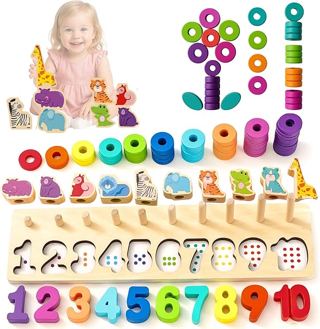 The Montessori Toys for 1 2 3 Year Old Boy Girl, Toys for Ages 2-4 Toddlers Kids Baby, 1 2 Year Old Birthday Gifts, Wooden Learning Puzzles Sorter Toy for Toddlers 1-3 Stacking Toy (Safari Rainbow)