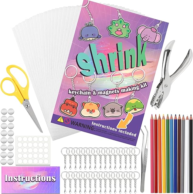 The Vicentorra Shrinky Dink Sheets Keychain & Magnets Making Kit, Shrink Art Kit with 16 Plastic Sheets, Hole Punch, Pencils, Magnets, Tweezers, Keychains, Scissors, Paper Craft Kits