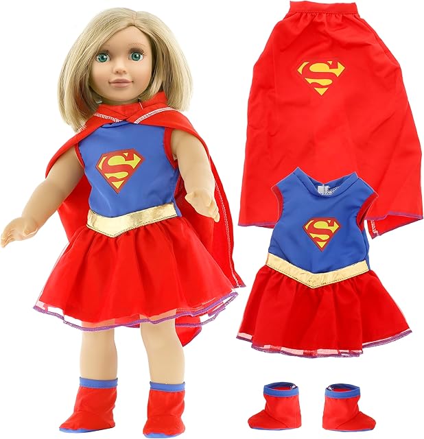The 3pc Super Girl 18" Doll Outfit-Compatible w American Girl- Premium Handmade Clothes & Accessories Set Includes Dress, Shoes, Cape- Supergirl Hero Movie and Comic Halloween Costume