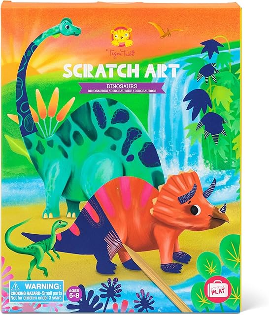 The Scratch Art - Dinosaurs - All-in-1 Set, Create & Reveal Vibrant Color Patterns, 8 Playful Jurassic & Nature Illustrations, Kids Ages 5+