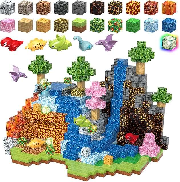 The Magnetic Blocks Building Toys, 1" Light Up Dinosaur Building Blocks Magnet Cubes Tiles for Toddlers Boys Girls 3+, Build Jurrasic Scenes STEM Sensory Construction Toys