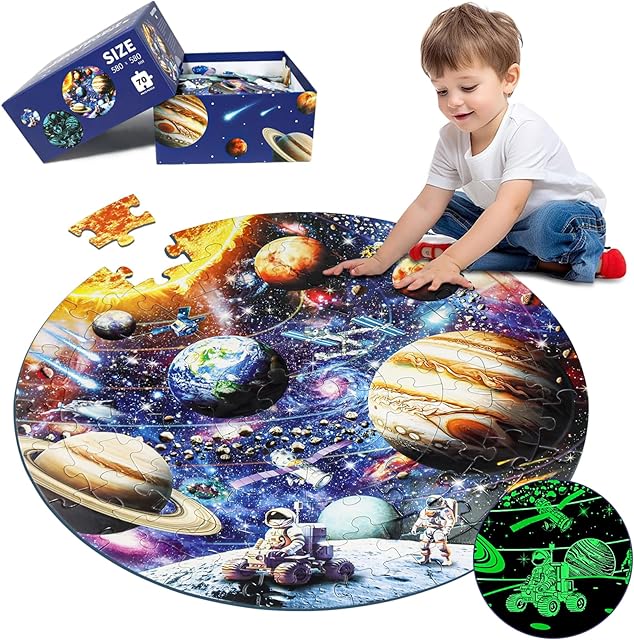 The Glow in The Dark Solar System Jigsaw Puzzles for Kids Ages 4-8, 70 Pieces Kids Space Planet Floor Puzzle Toys Ages 8-10, Large Round Educational Puzzle Toys Gifts for Boys Girls Children